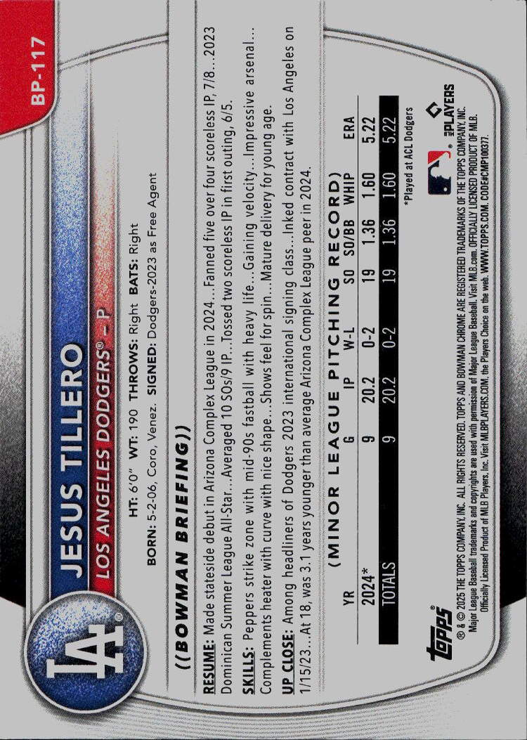 2025 Bowman #BP-117 Jesus Tillero Prospects