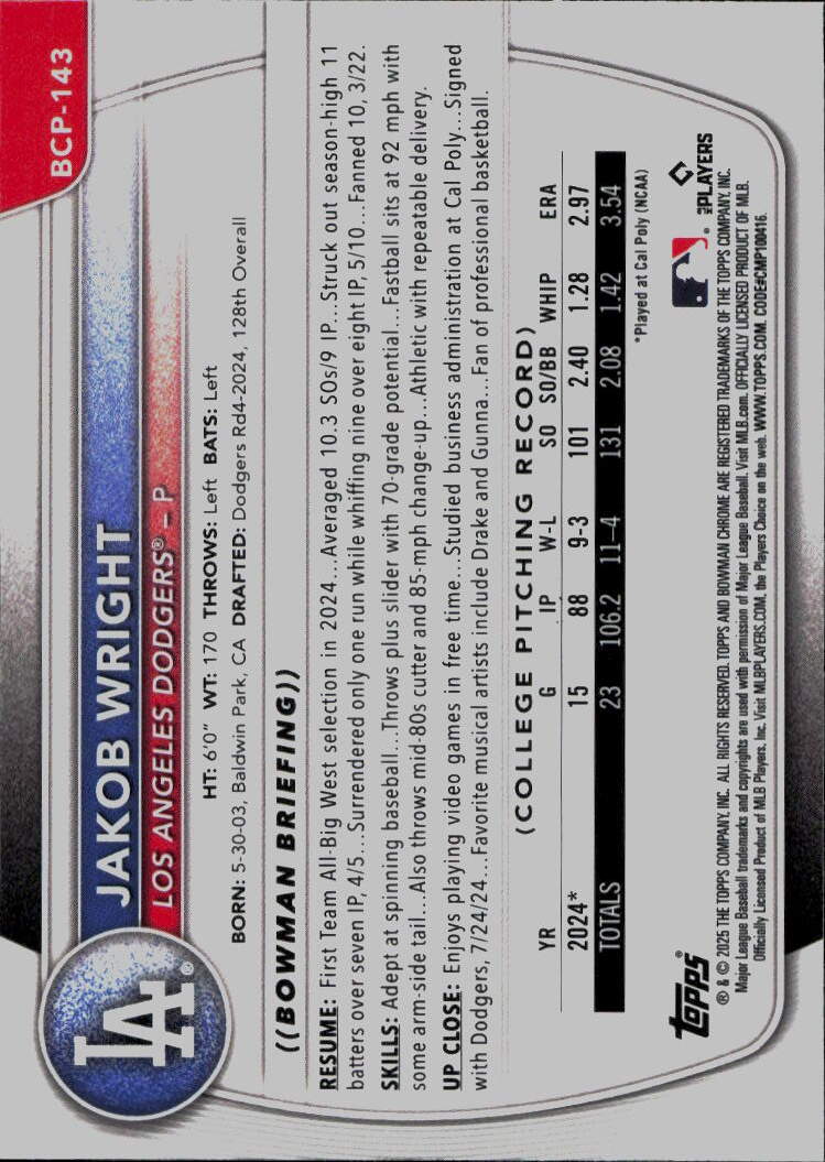 2025 Bowman #BCP-143 Jakob Wright Chrome Prospects