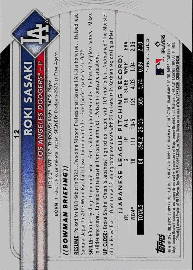 2025 Bowman #12 Roki Sasaki