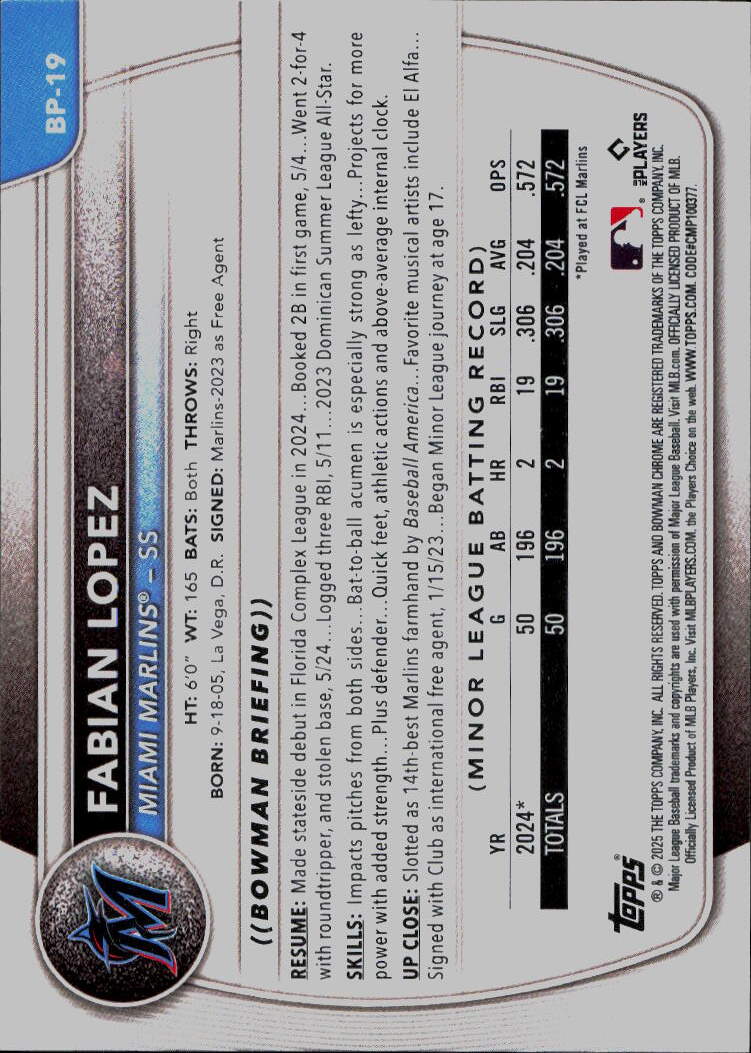 2025 Bowman #BP-19 Fabian Lopez Prospects