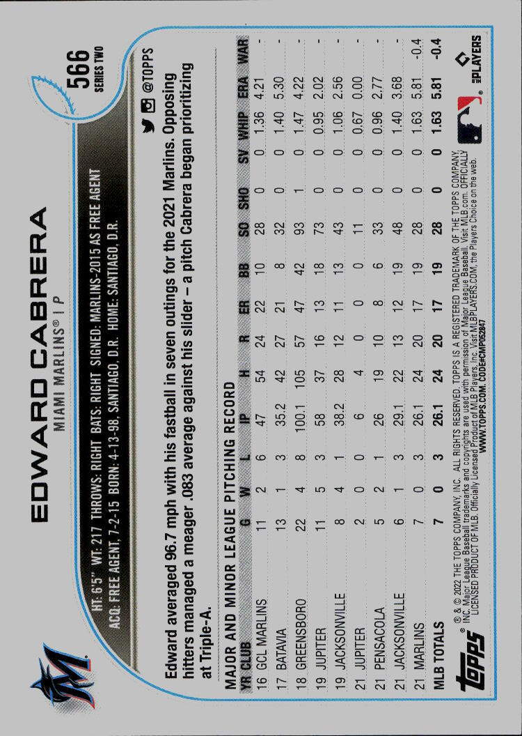 2022 Topps #566 Edward Cabrera