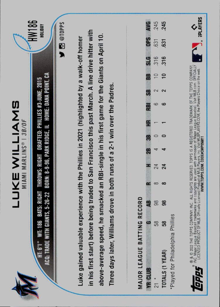 2022 Topps Holiday #HW186 Luke Williams