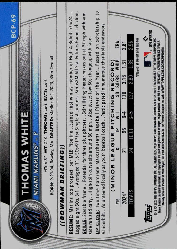 2025 Bowman #BCP-69 Thomas White Chrome Prospects