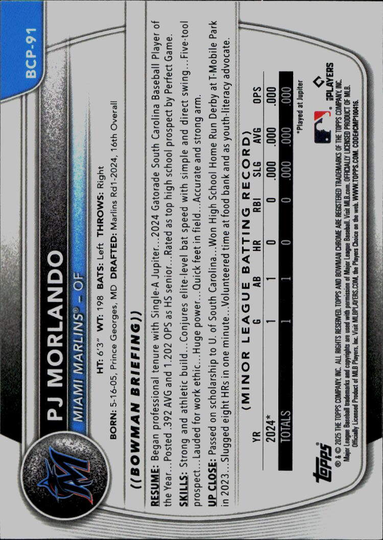 2025 Bowman #BCP-91 PJ Morlando Chrome Prospects