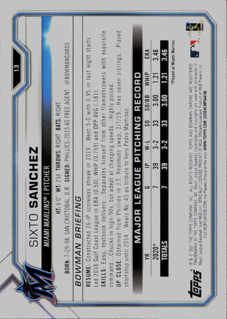 2021 Bowman #13 Sixto Sanchez