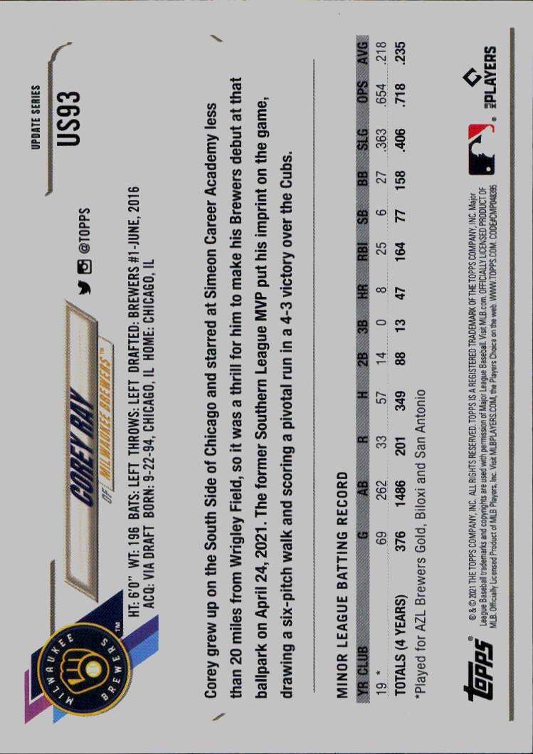 2021 Topps Update #US93 Corey Ray