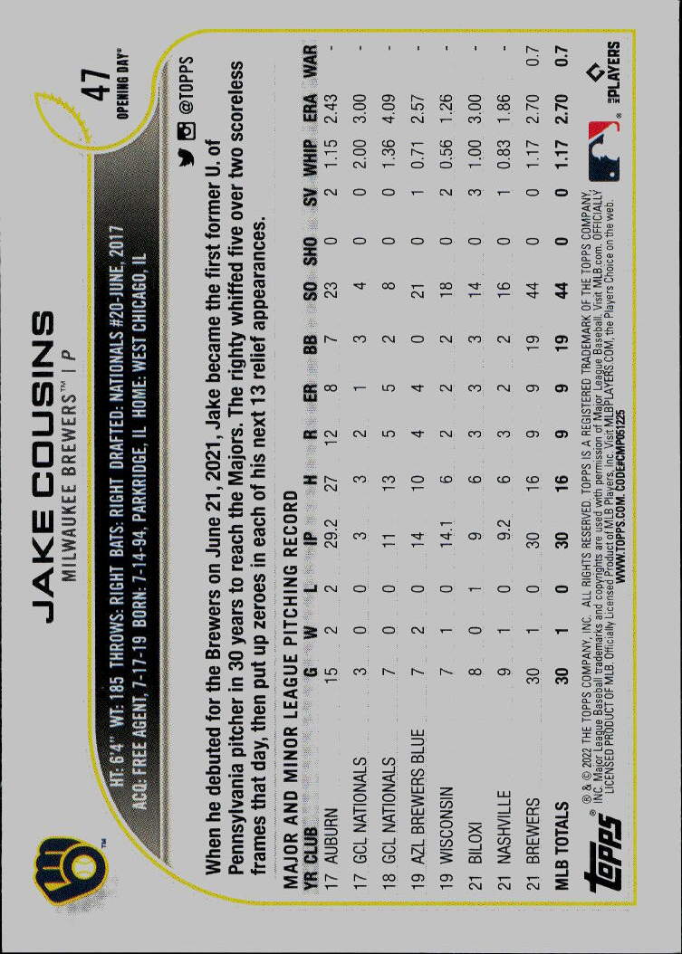 2022 Topps Opening Day #47 Jake Cousins