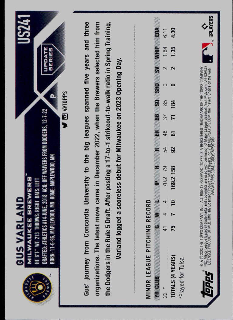 2023 Topps Update #US241 Gus Varland