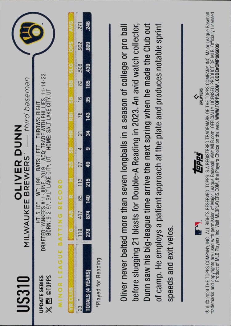 2024 Topps Update #US310 Oliver Dunn