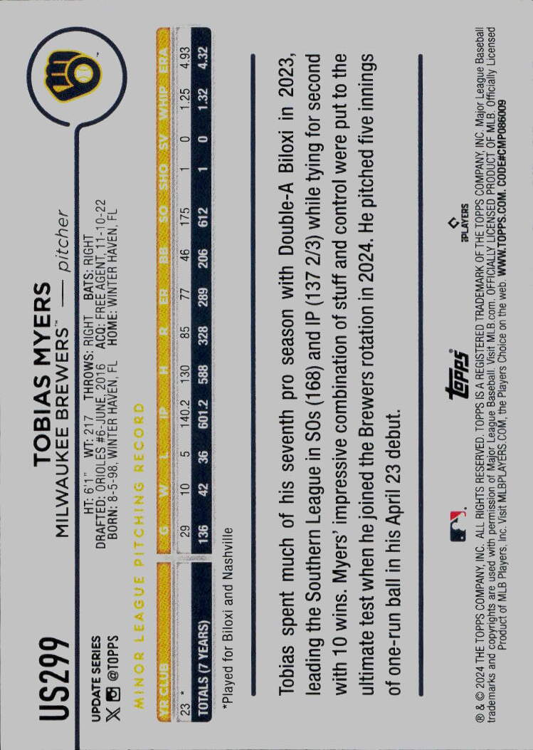 2024 Topps Update #US299 Tobias Myers