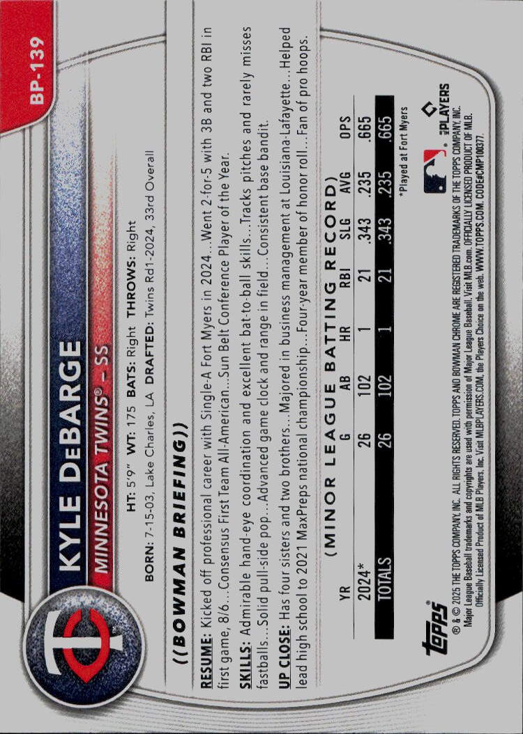 2025 Bowman #BP-139 Kyle DeBarge Prospects