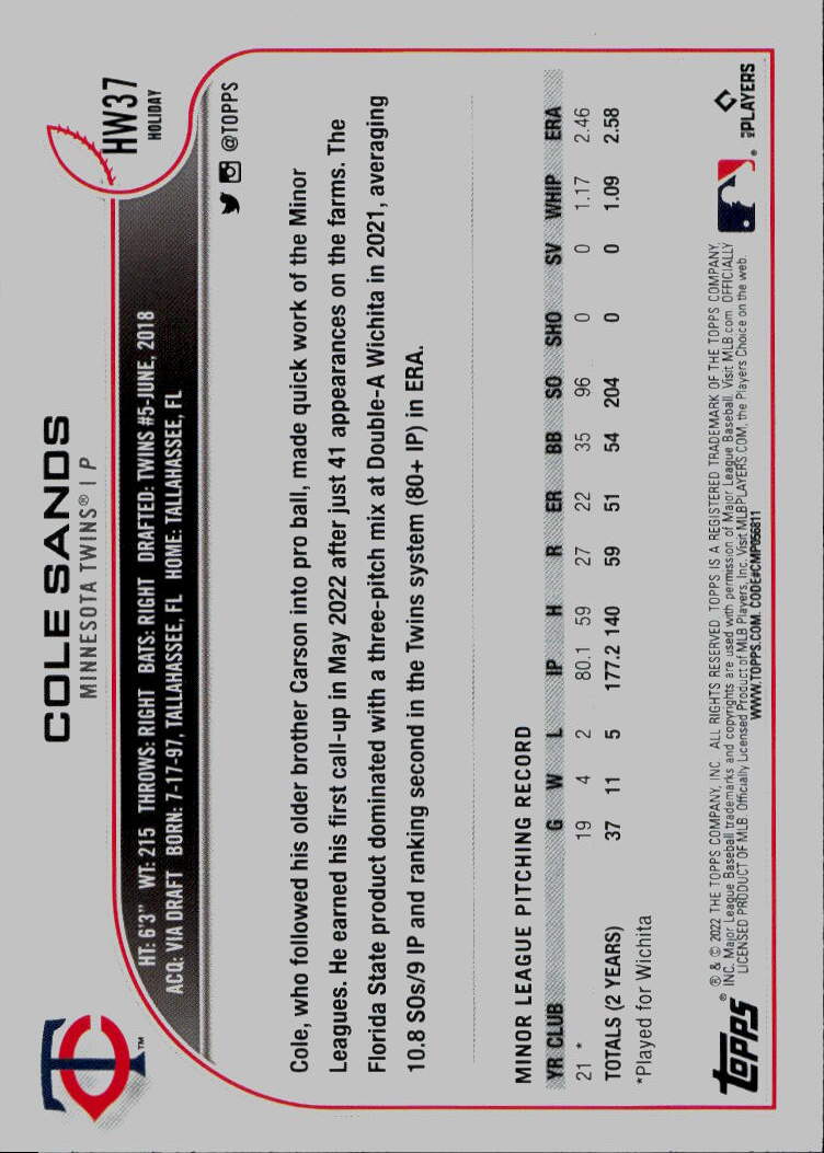 2022 Topps Holiday #HW37 Cole Sands