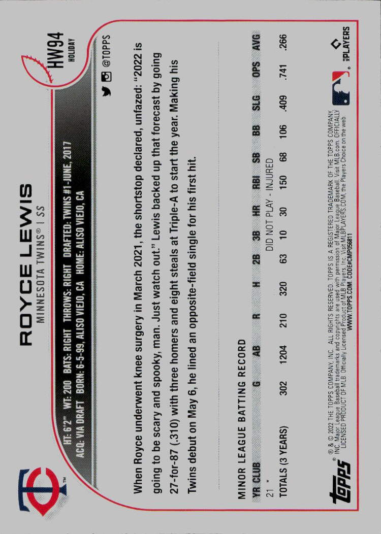 2022 Topps Holiday #HW94d Royce Lewis