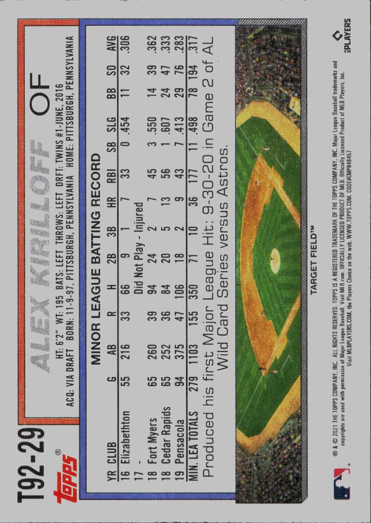 2021 Topps Update #T92-29 Alex Kirilloff 1992 Topps Redux