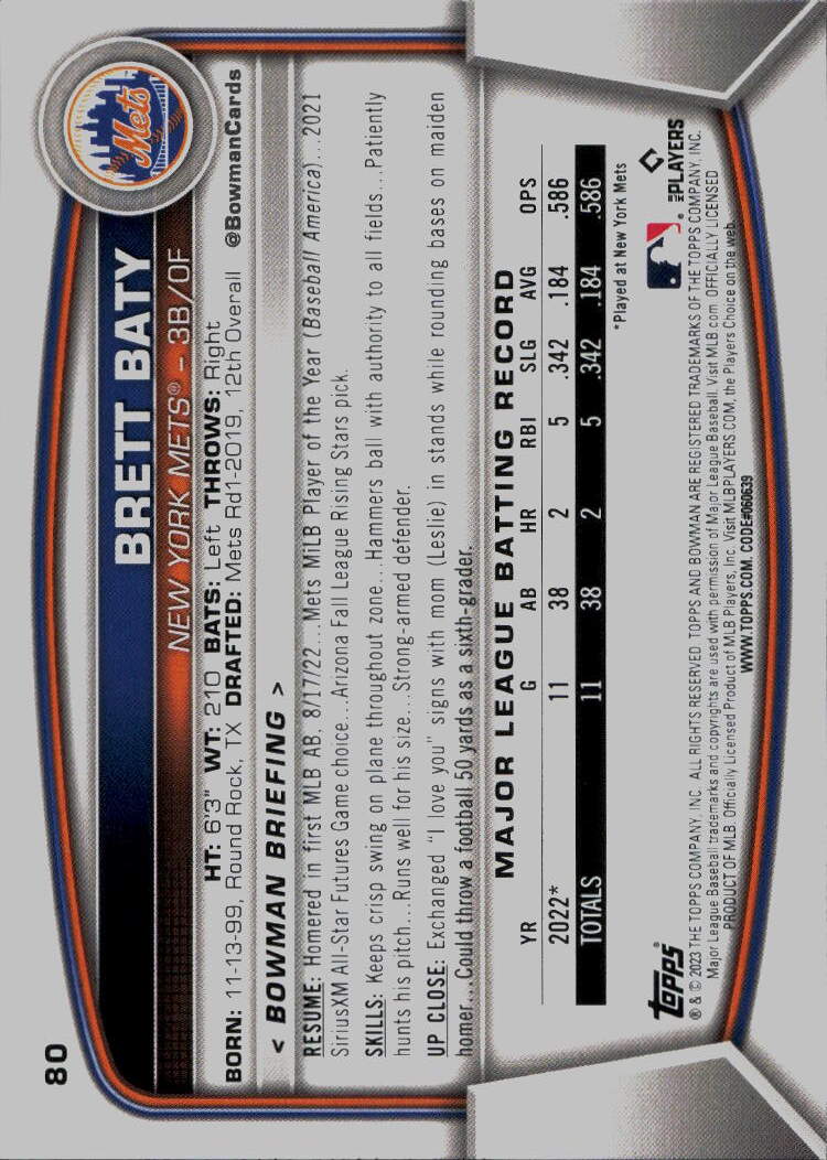 2023 Bowman #80 Brett Baty
