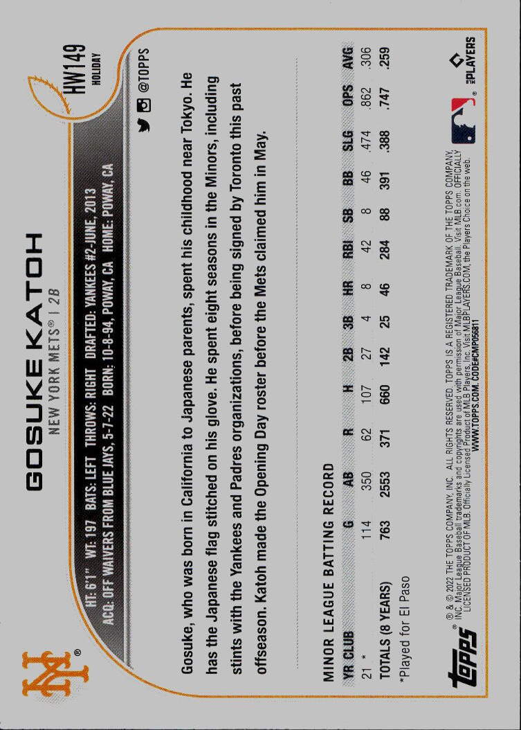 2022 Topps Holiday #HW149 Gosuke Katoh