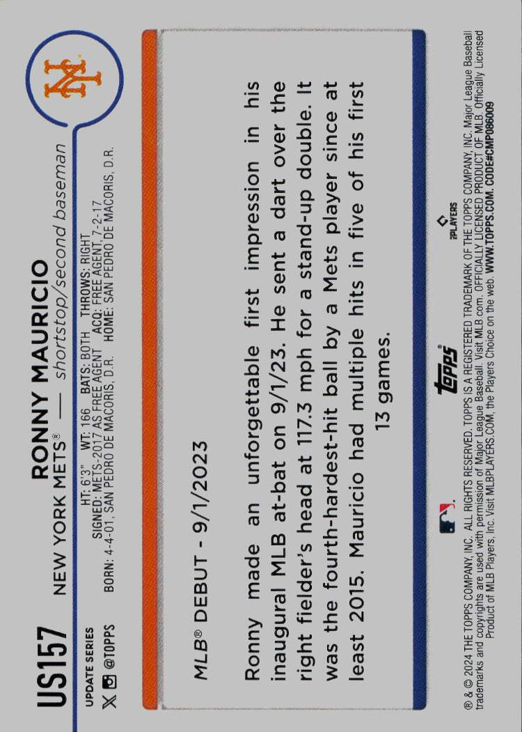 2024 Topps Update #US157 Ronny Mauricio