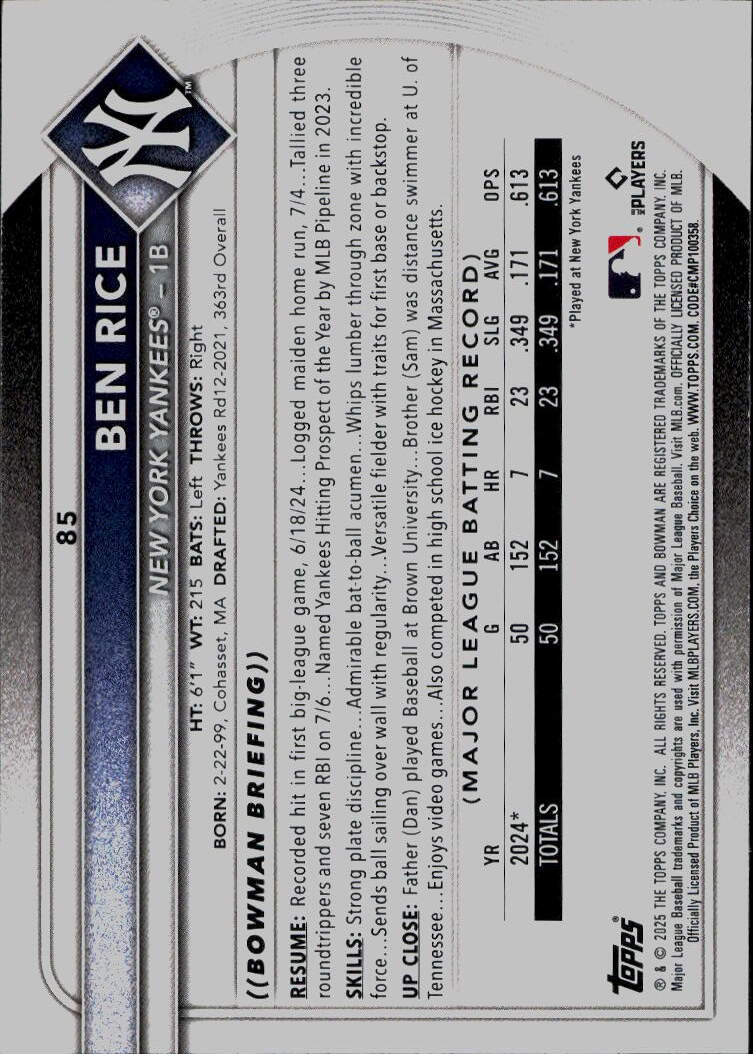 2025 Bowman #85 Ben Rice