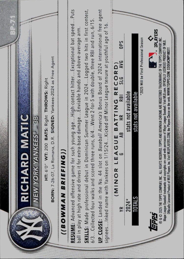 2025 Bowman #BP-71 Richard Matic Prospects