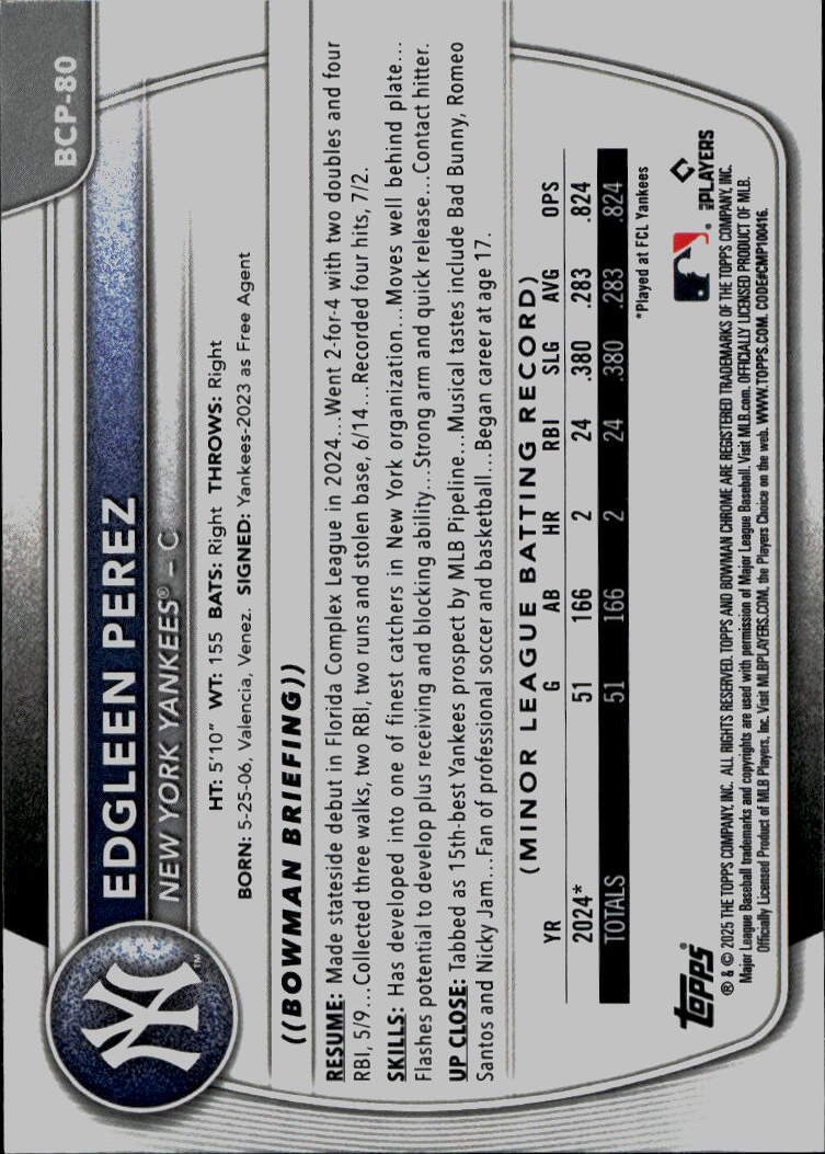 2025 Bowman #BCP-80 Edgleen Perez Chrome Prospects