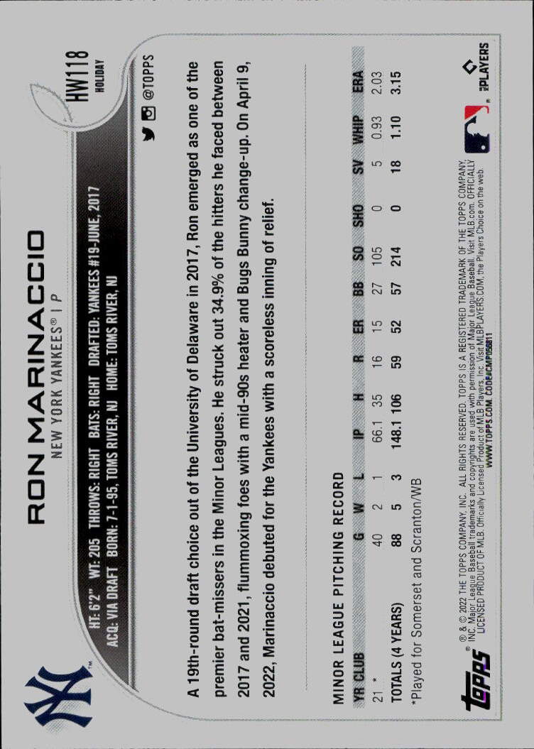 2022 Topps Holiday #HW118 Ron Marinaccio