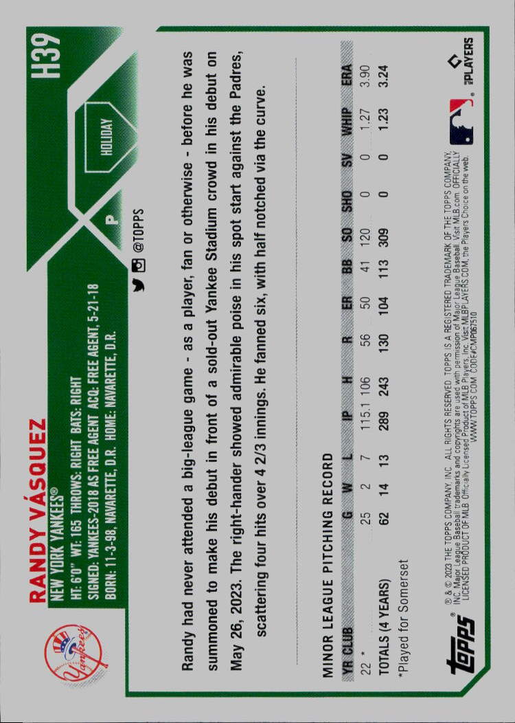 2023 Topps Holiday #H39 Randy Vásquez