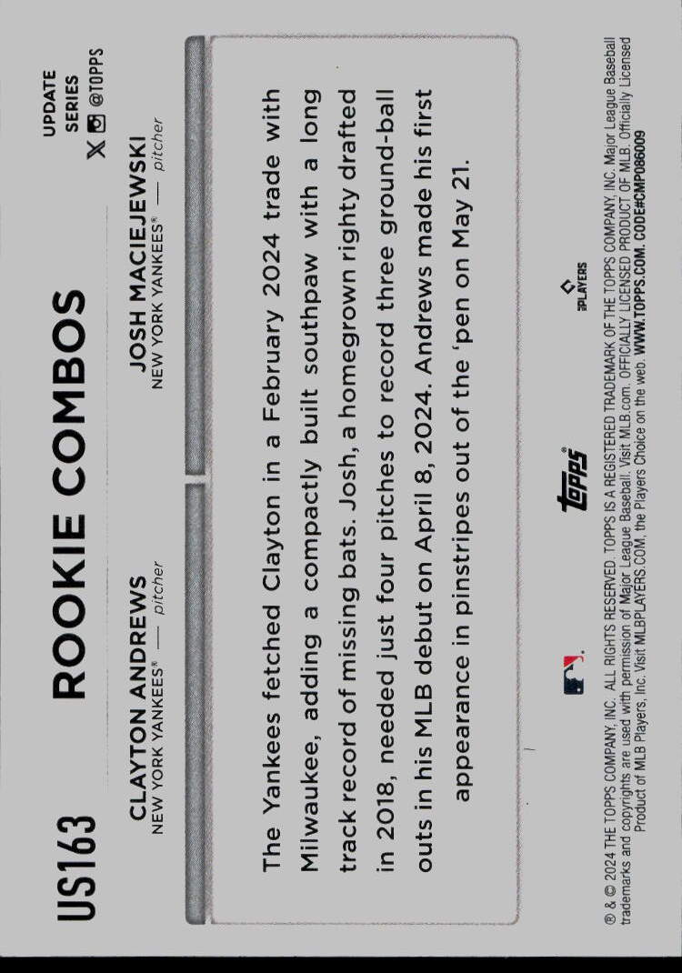 2024 Topps Update #US163 Clayton Andrews / Josh Maciejewski RCOM,