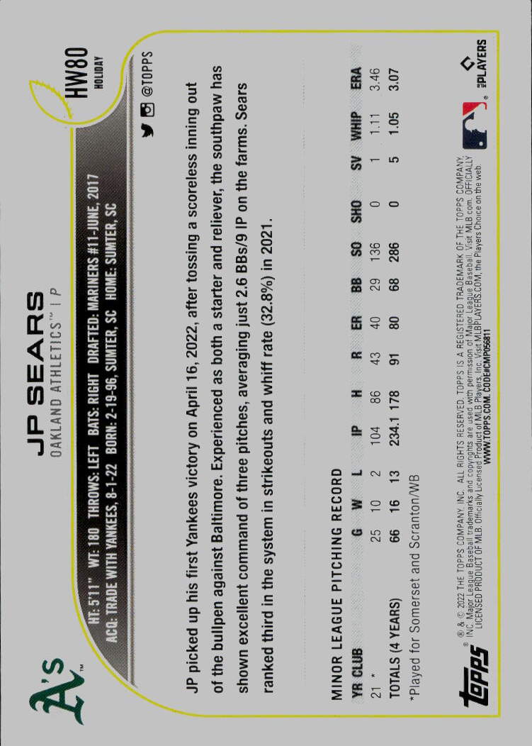2022 Topps Holiday #HW80 JP Sears