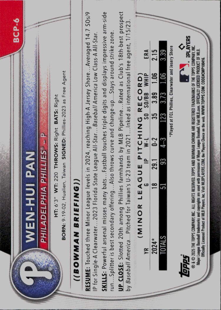 2025 Bowman #BCP-6 Wen-Hui Pan Chrome Prospects
