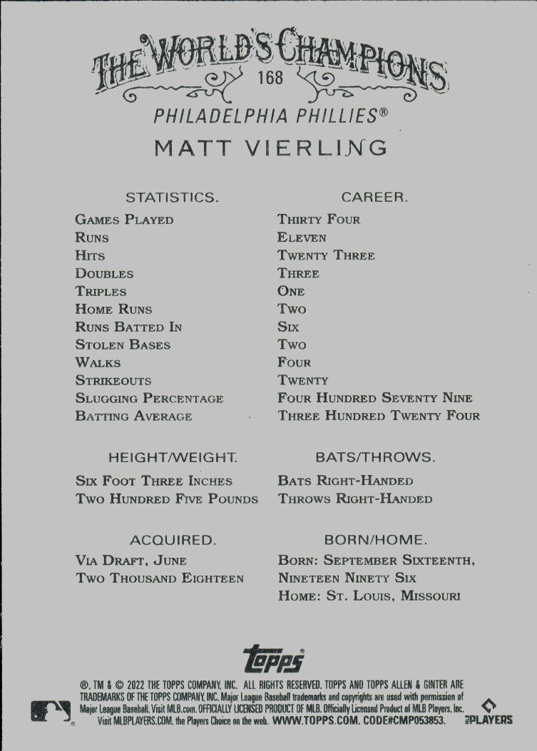 2022 Topps Allen & Ginter #168 Matt Vierling
