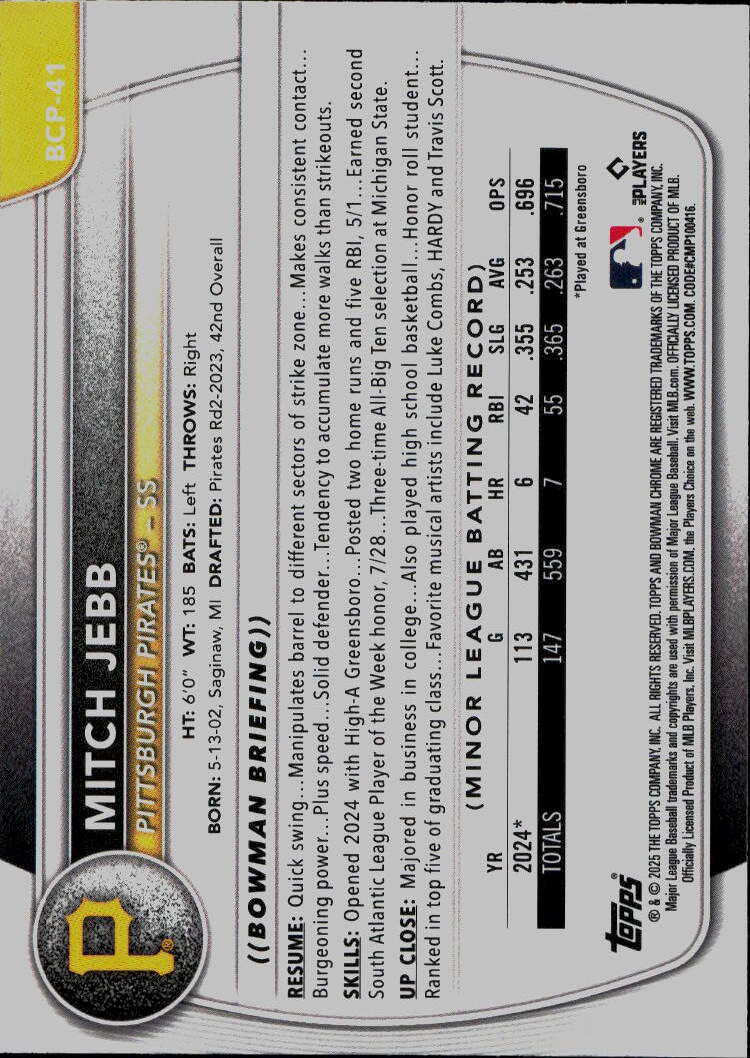 2025 Bowman #BCP-41 Mitch Jebb Chrome Prospects