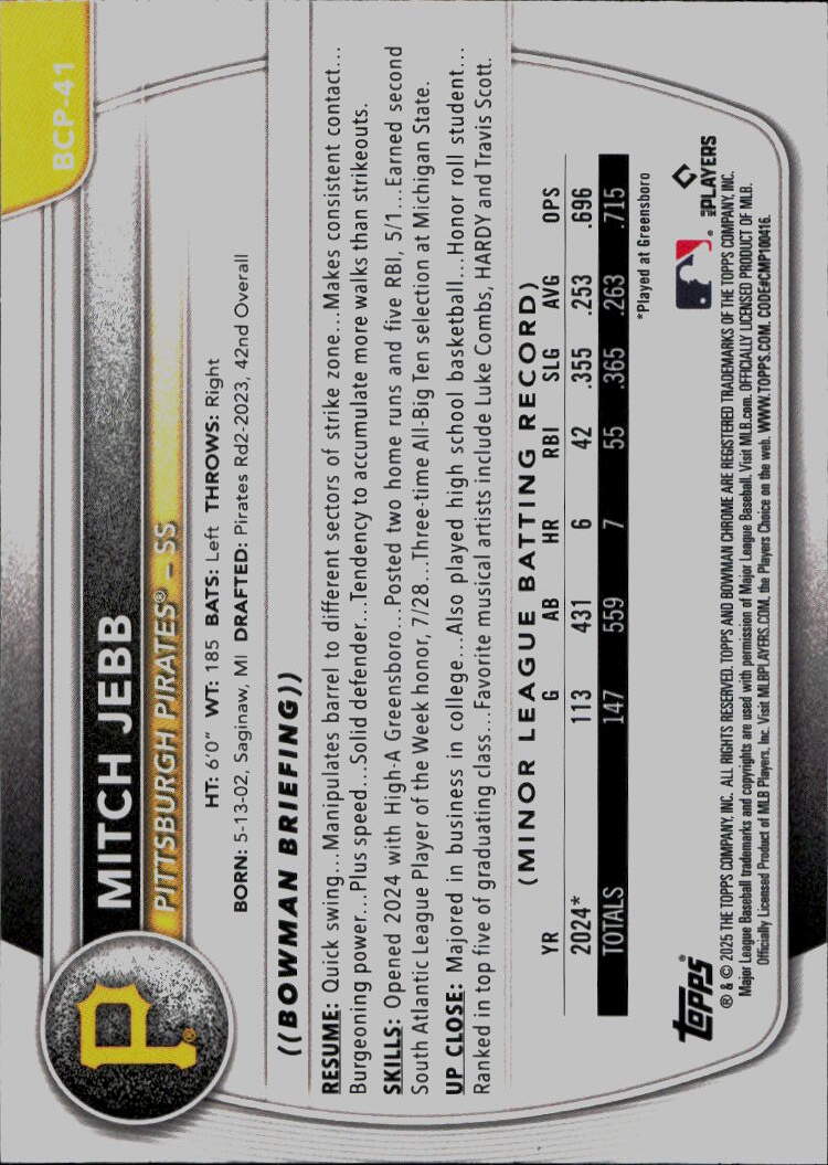 2025 Bowman #BCP-41 Mitch Jebb Chrome Prospects