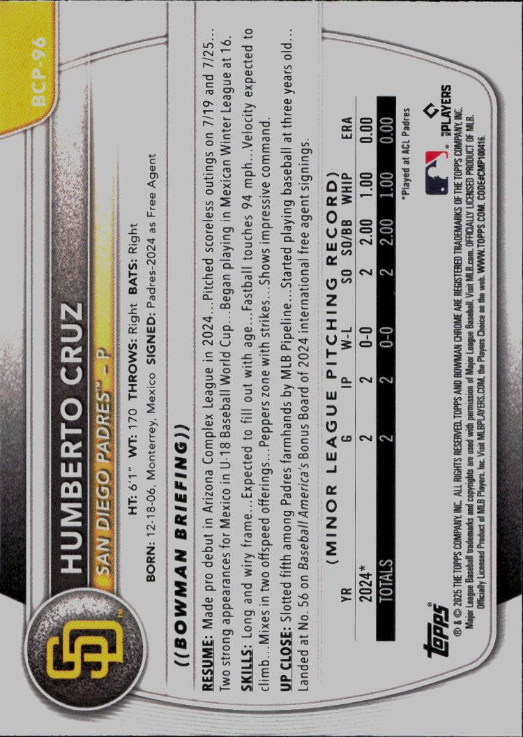 2025 Bowman #BCP-96 Humberto Cruz Chrome Prospects