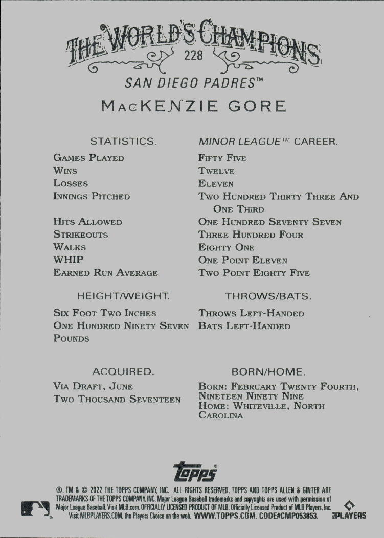 2022 Topps Allen & Ginter #228 MacKenzie Gore