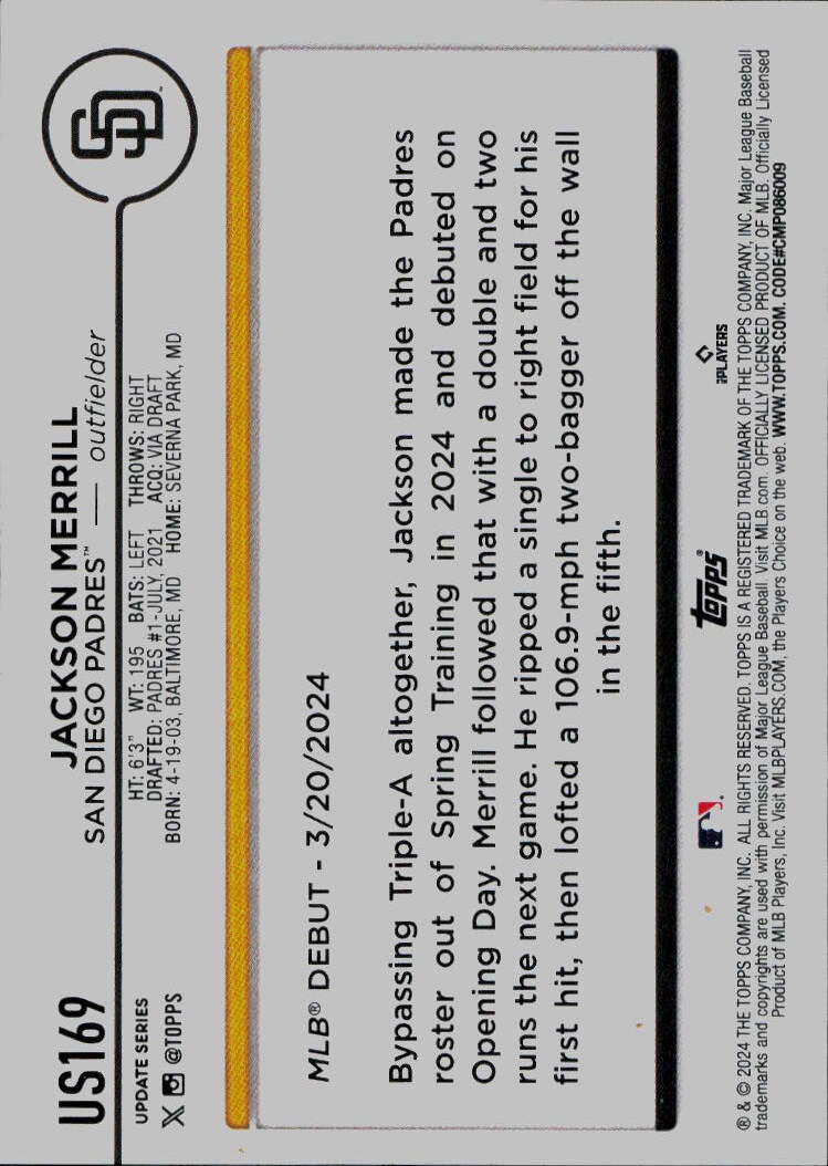 2024 Topps Update #US169 Jackson Merrill