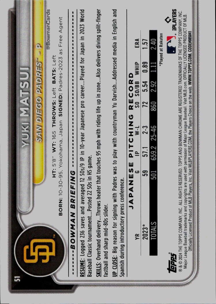 2024 Bowman Chrome #51 Yuki Matsui
