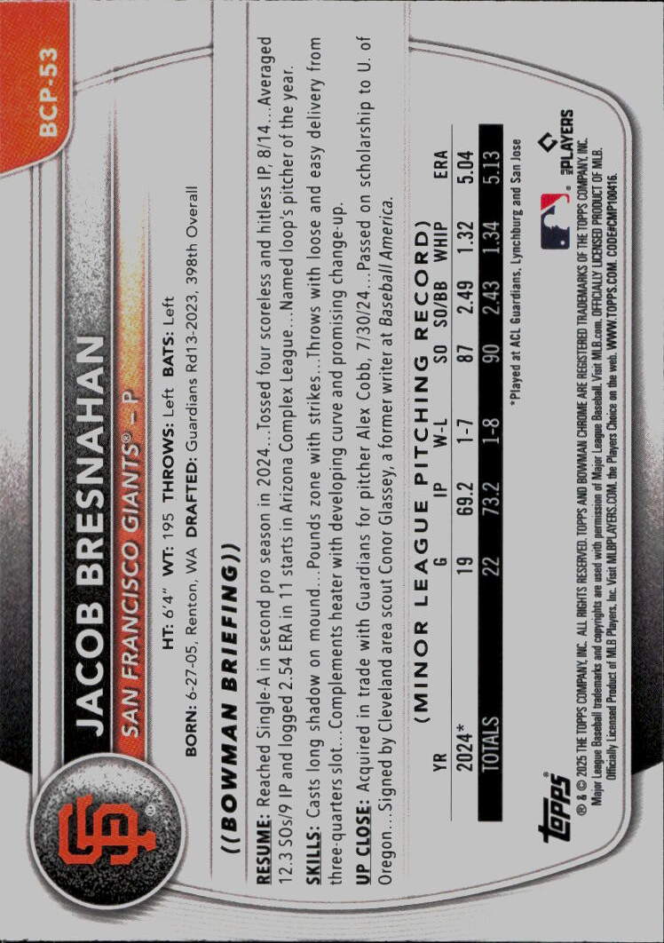 2025 Bowman #BCP-53 Jacob Bresnahan Chrome Prospects