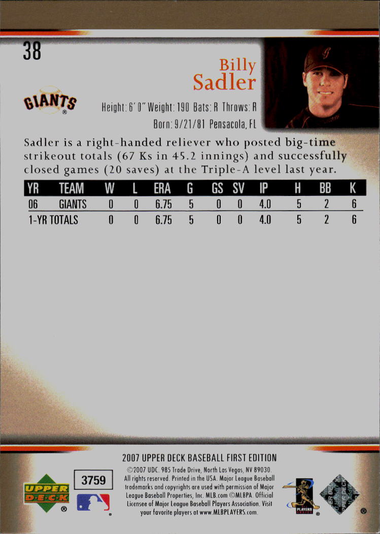 2007 Upper Deck First Edition #38 Billy Sadler