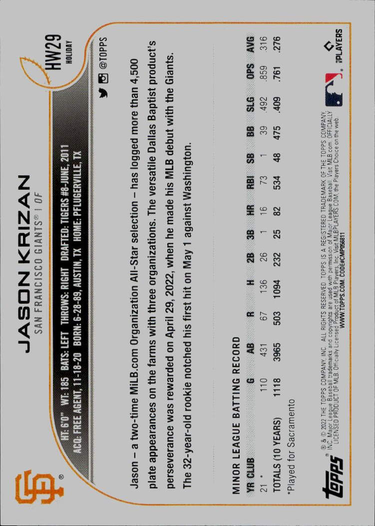 2022 Topps Holiday #HW29 Jason Krizan