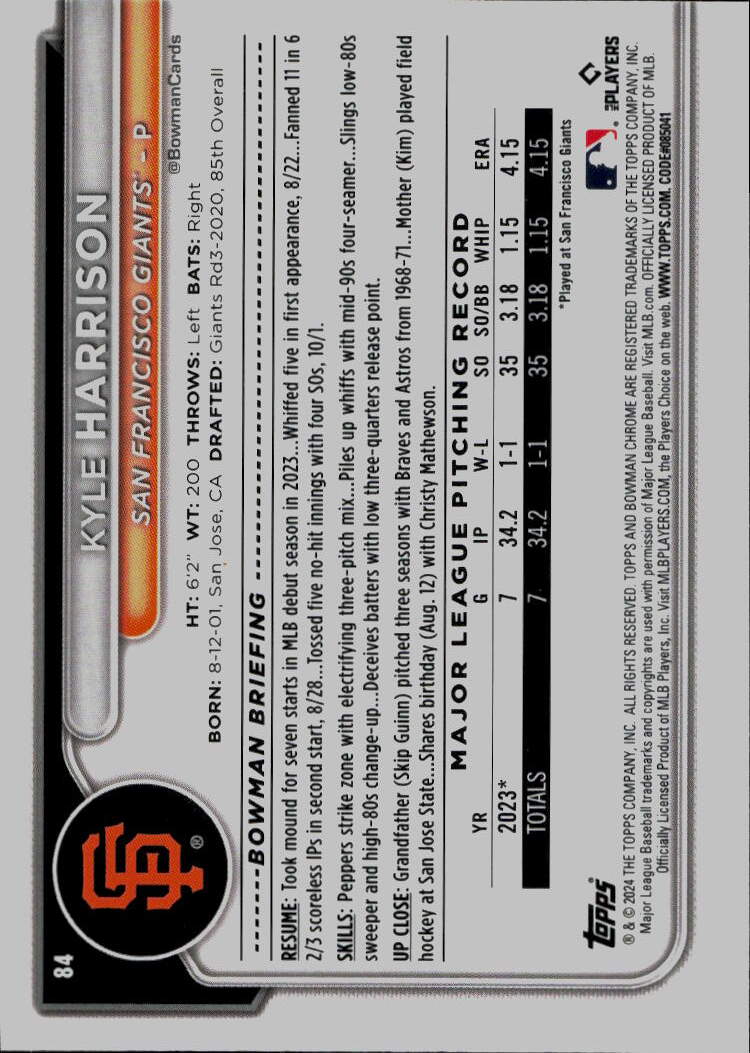 2024 Bowman Chrome #84 Kyle Harrison