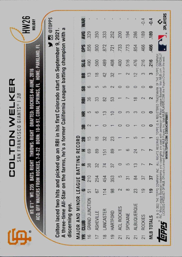 2022 Topps Holiday #HW26 Colton Welker