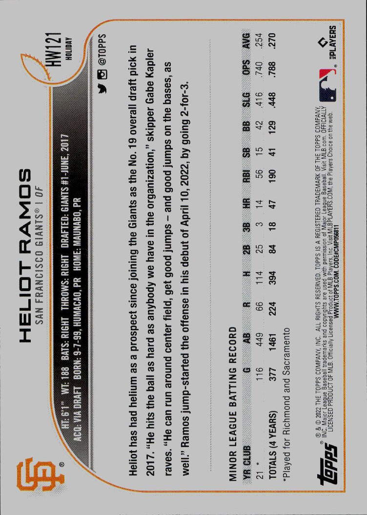 2022 Topps Holiday #HW121 Heliot Ramos