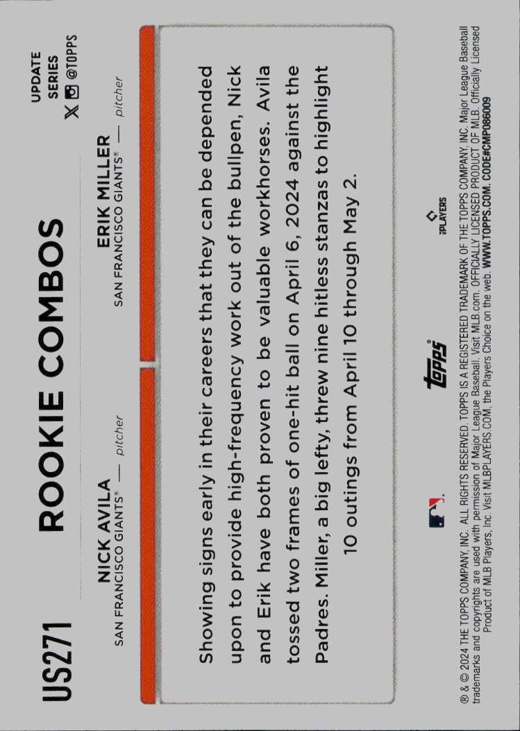 2024 Topps Update #US271 Erik Miller / Nick Avila RCOM,