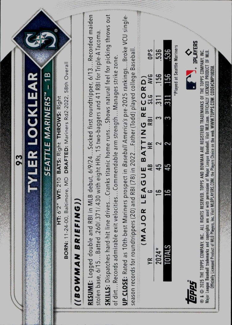 2025 Bowman #93 Tyler Locklear