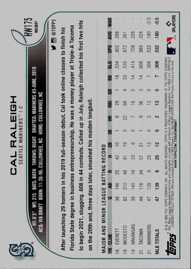 2022 Topps Holiday #HW175 Cal Raleigh