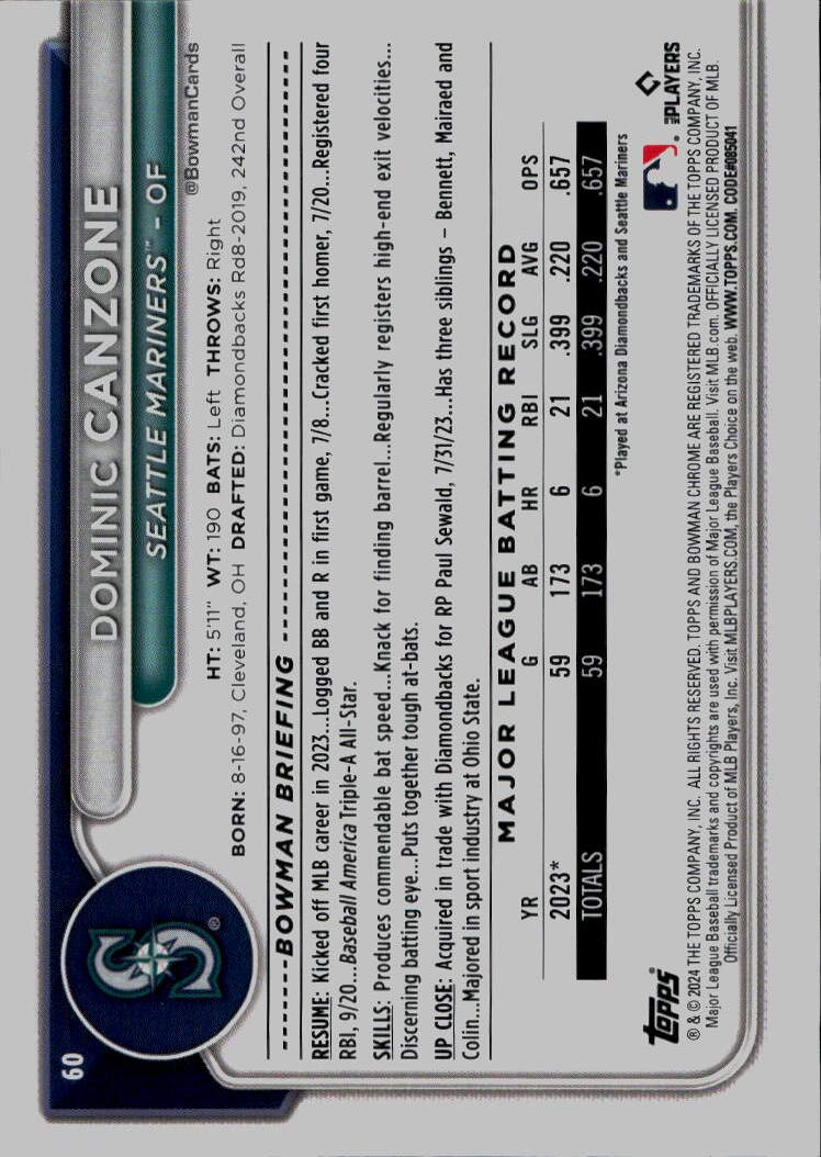 2024 Bowman Chrome #60 Dominic Canzone