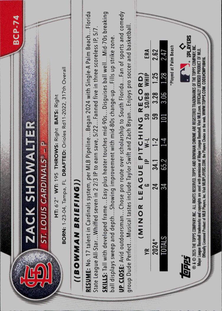 2025 Bowman #BCP-74 Zack Showalter Chrome Prospects