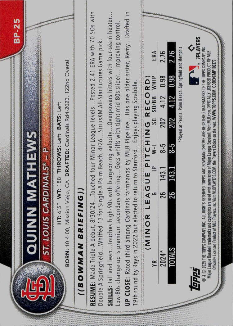 2025 Bowman #BP-25 Quinn Mathews Prospects