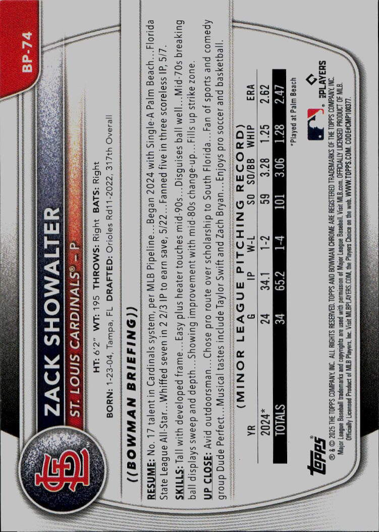 2025 Bowman #BP-74 Zack Showalter Prospects