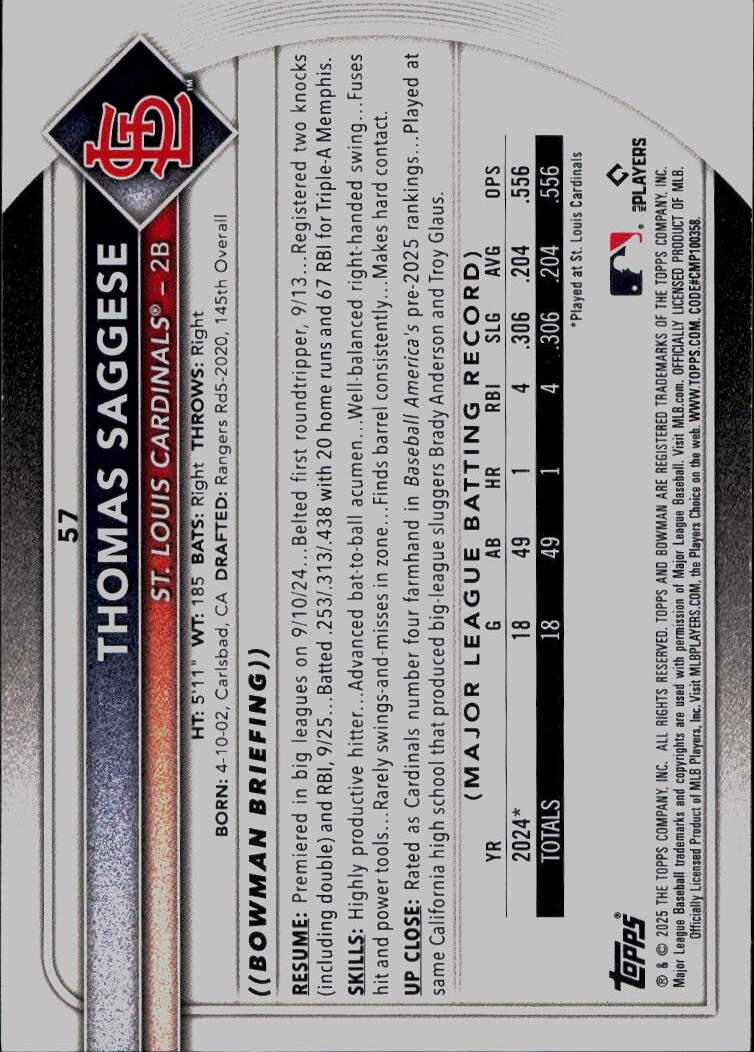 2025 Bowman #57 Thomas Saggese